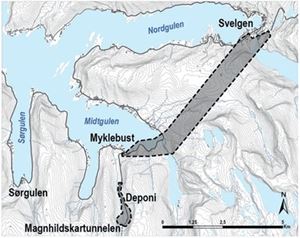 KART OVER PLANOMRÅDET: Planavgrensning for fv. 614 i oppstartsvarslet mellom Svelgen og Indrehus/Myklebust. Aktuelt deponiområde ved Magnhildskartunnelen. Illustrasjon: Statens vegvesen