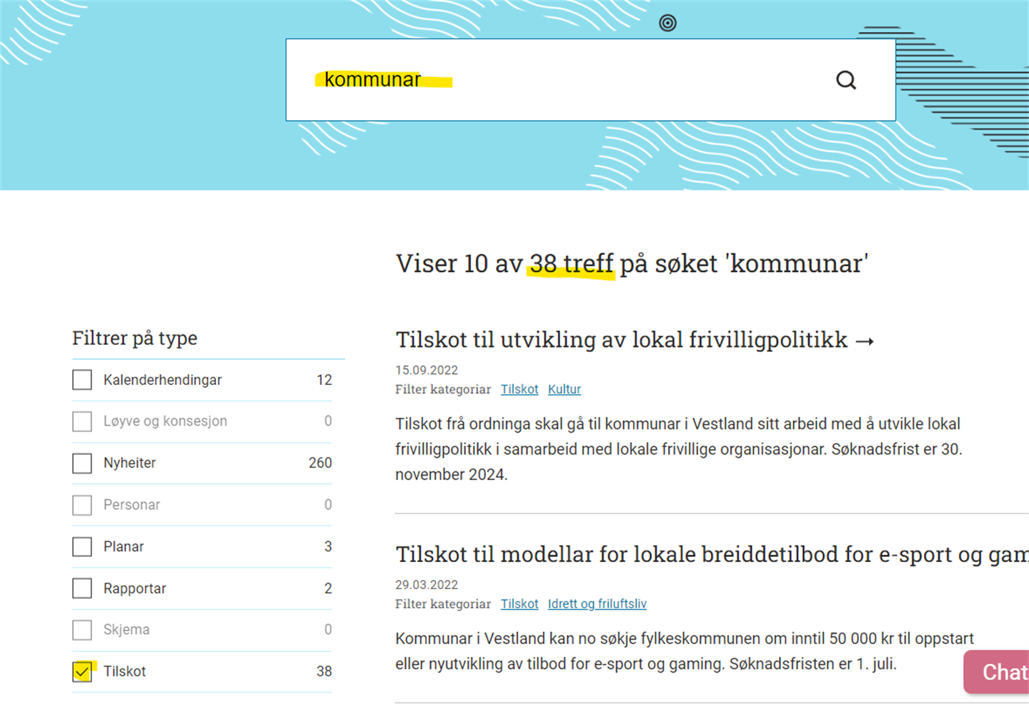 skjermdump av korleis søke etter tilskot retta mot kommunar.