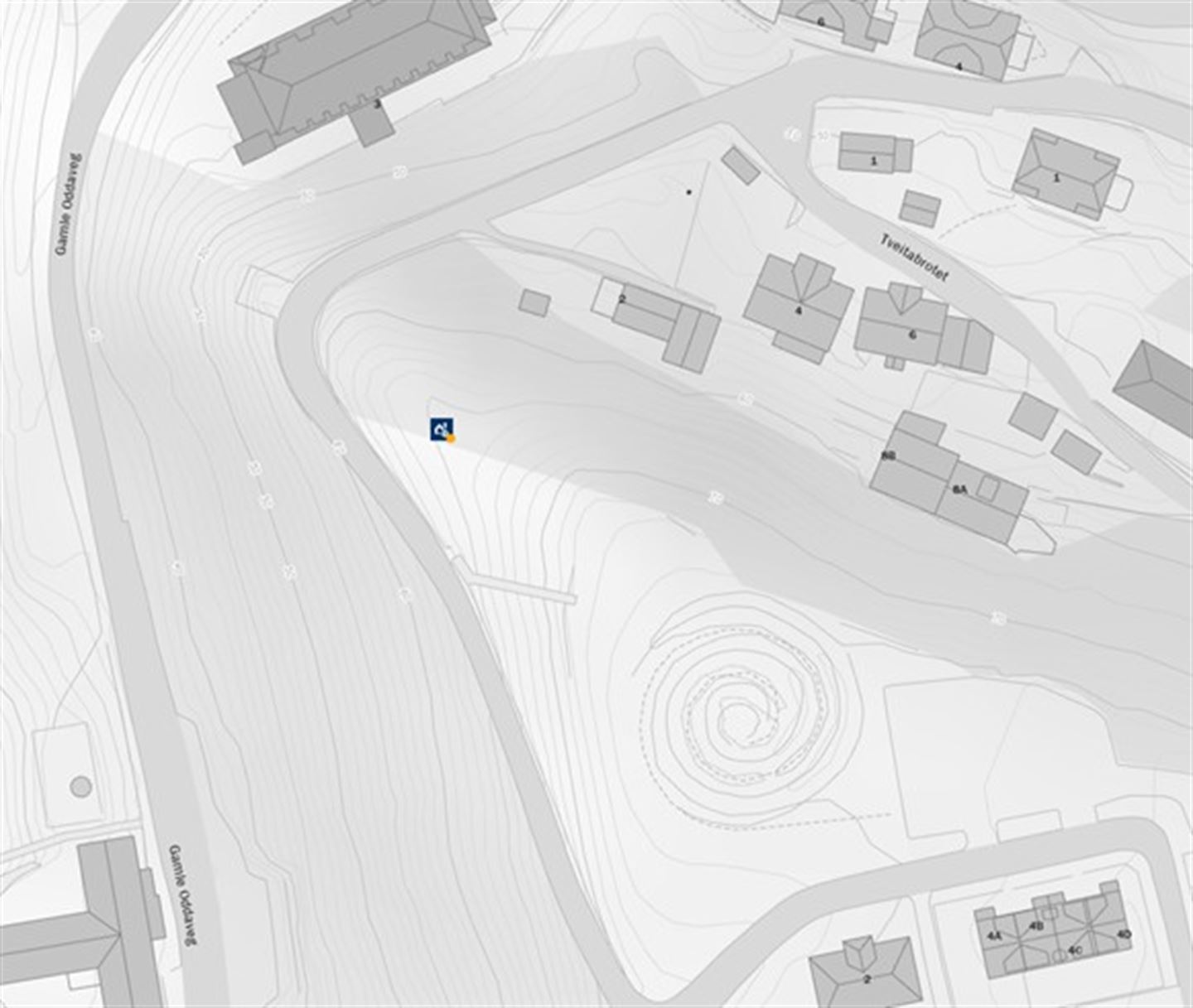 Kart som syner plassering av kraftmast 5 og 6 ved Tveitavegen.