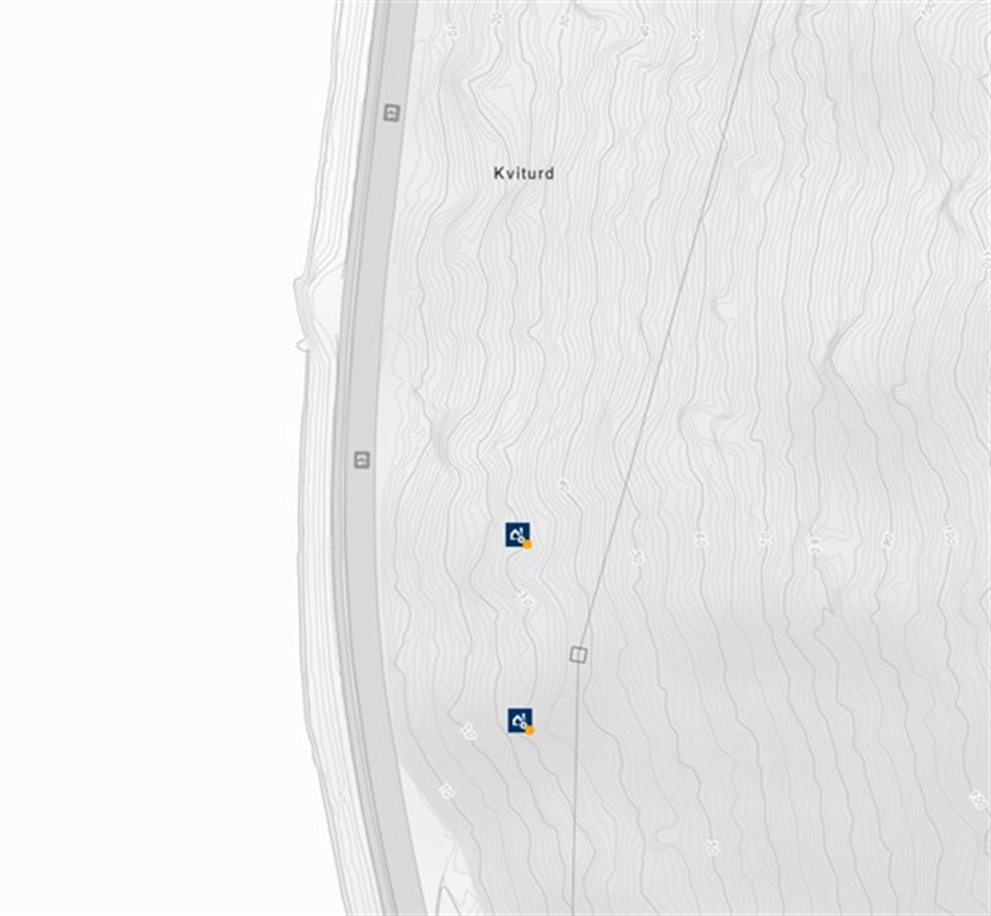 Kart som syner plassering av kraftmast 7 og 8 i Kvitura mellom Odda og Tyssedal.