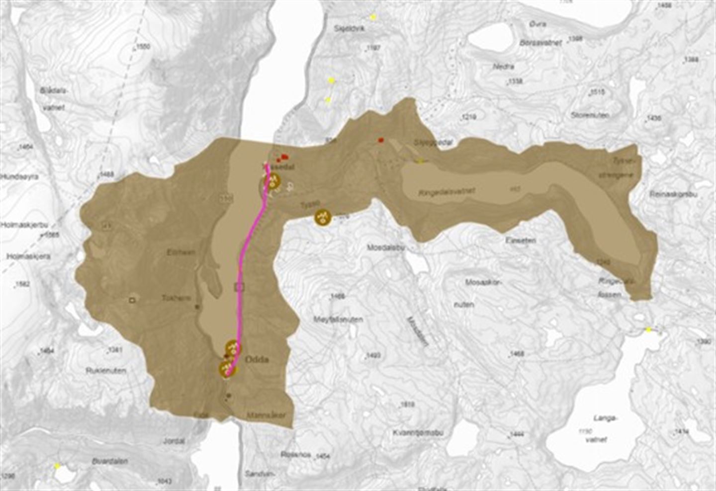 Kart som syner KULA-landskapet Indre Sørfjorden, Odda Smelteverk, Tyssedal kraftstasjon og kraftlinja mellom dei markert i lilla. 
