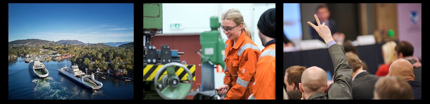 tre bilder på rad for å illustrere arbeid med utviklingsplan for Vestland 2024-2028. Bilde 1 viser to el-ferjer på fjorden ein sommardag mellom holmar og skjær, bilde to viser to elevar i vidaregåande skule som jobbar med ei industrimaskin, bilde tre viser ryggen til fylkestingsmedlemmar som sit i møte og rekk opp handa for å stemme.