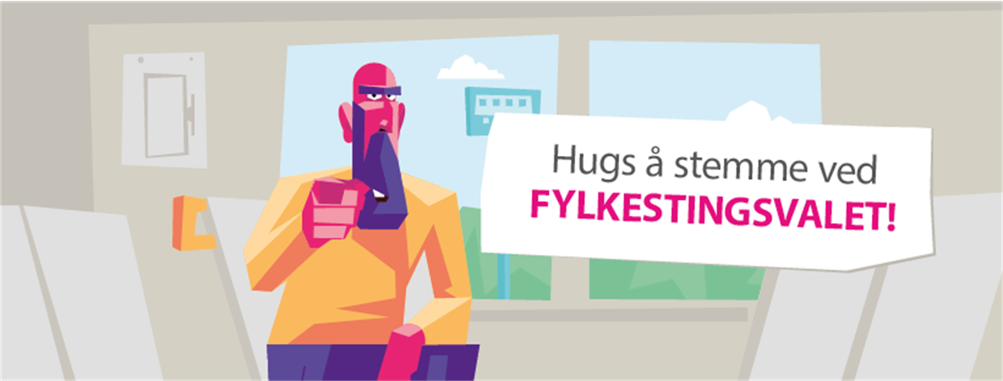 illustrasjon av en mann som peker. tekst: Hugs å stemme på fylkestingsvalet!