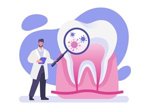 Illustrasjon av forskar som ser på tannbakteriar med forstørringsglas