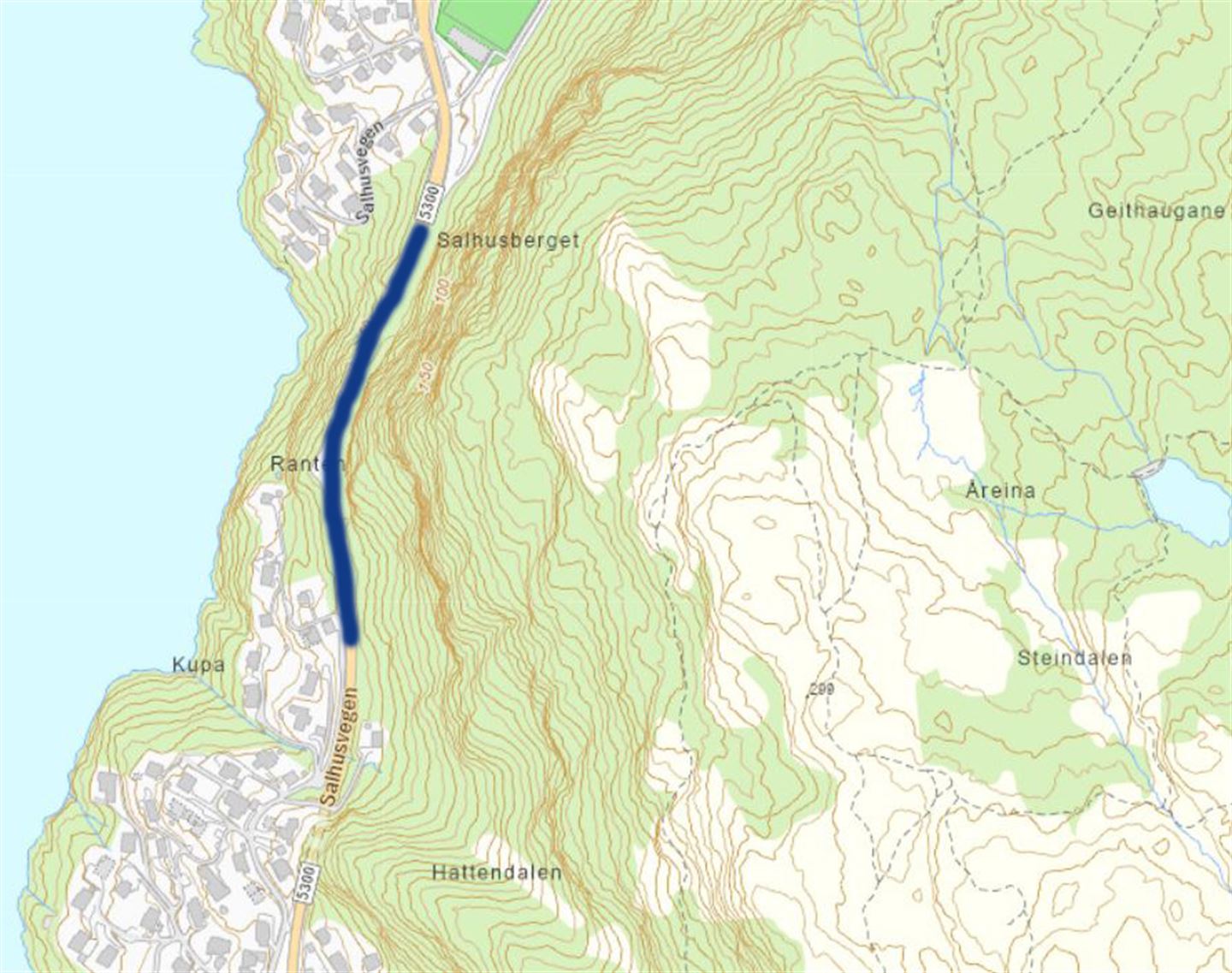 Kart med blå markert stripe på Salhusvegen.