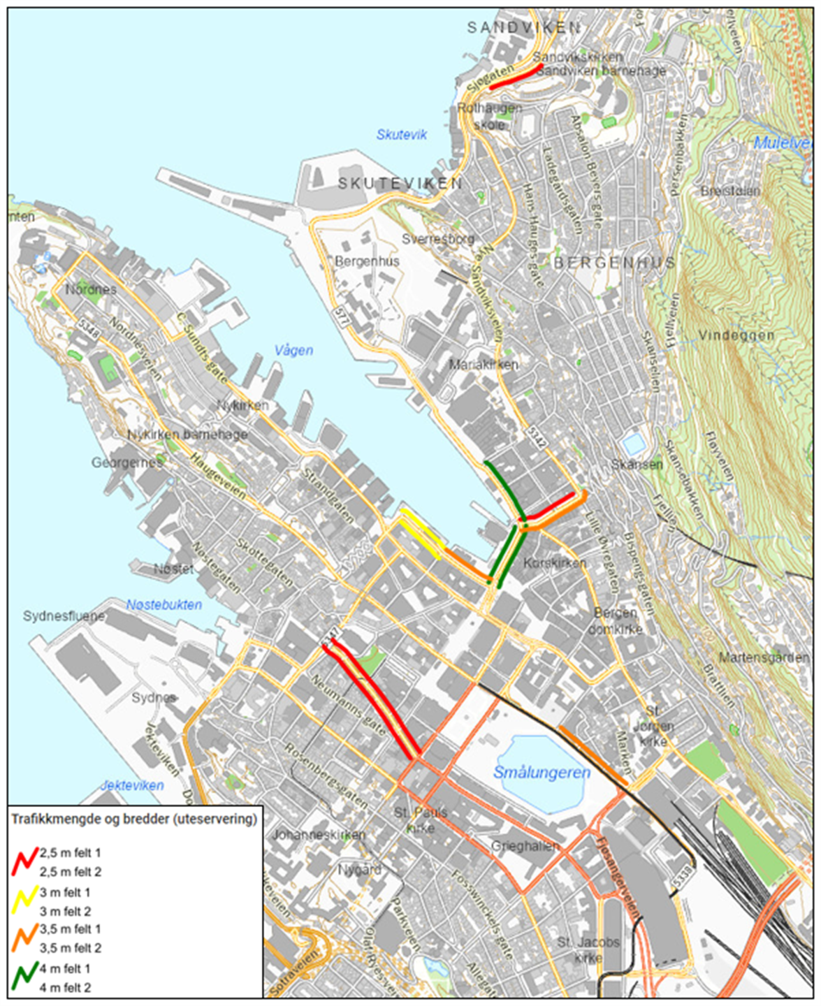 Kartet viser minimum fortausbredde basert på registreringer av fotgjengere i Bergen sentrum. 