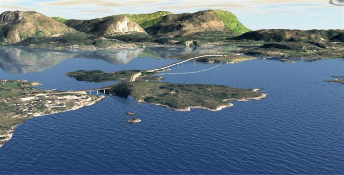 Illustrasjonsfoto som viser sjø, holmar og øyer, med bruer som knyt øyene saman. I bakgrunnen ser vi ein tettstad med avrunda fjell bak.
