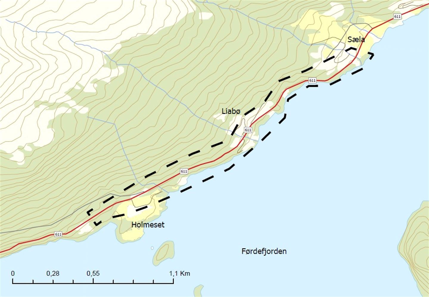 Planområdet for prosjektet fv. 611 Sæla - Engebø