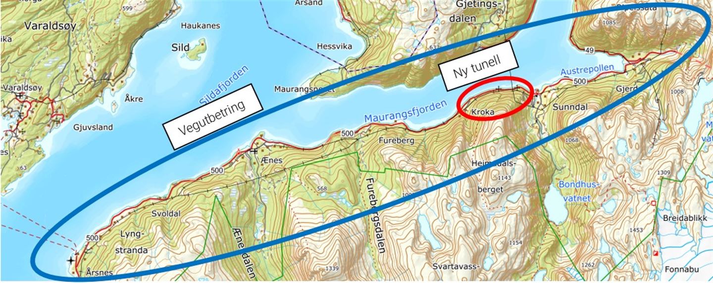 Kart som viser vegen i terrenget. Rød ring rundt der Kroktatunnelen koimmer.