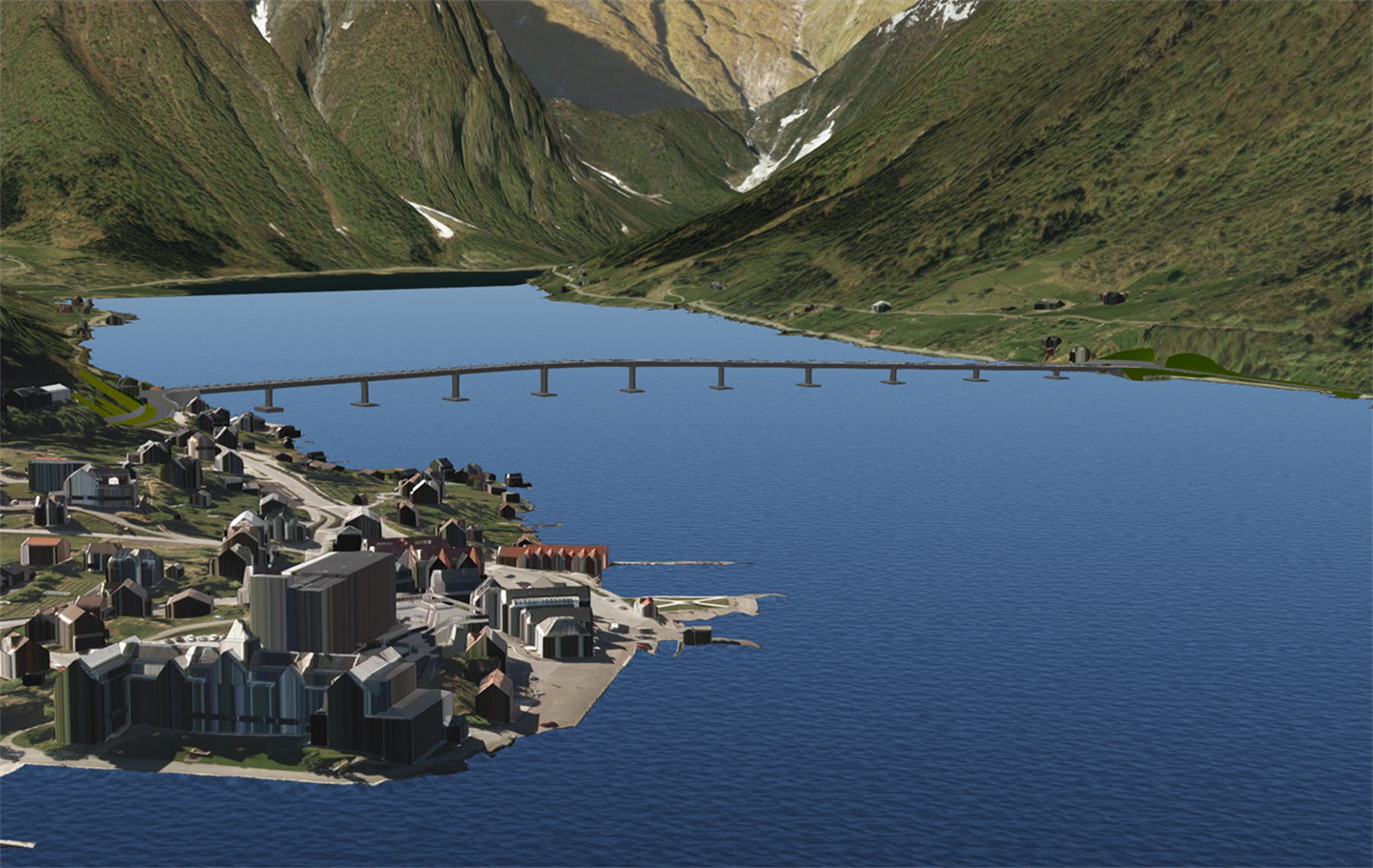 Grafisk illustrasjon som viser bilde av Balestrand sentrum og den planlgade brua på fylkesveg fv. 55 som skal krysse Esefjorden. Bygningar og Kviknes i hotell i framgrunnen og fjell og landskap rundt. 