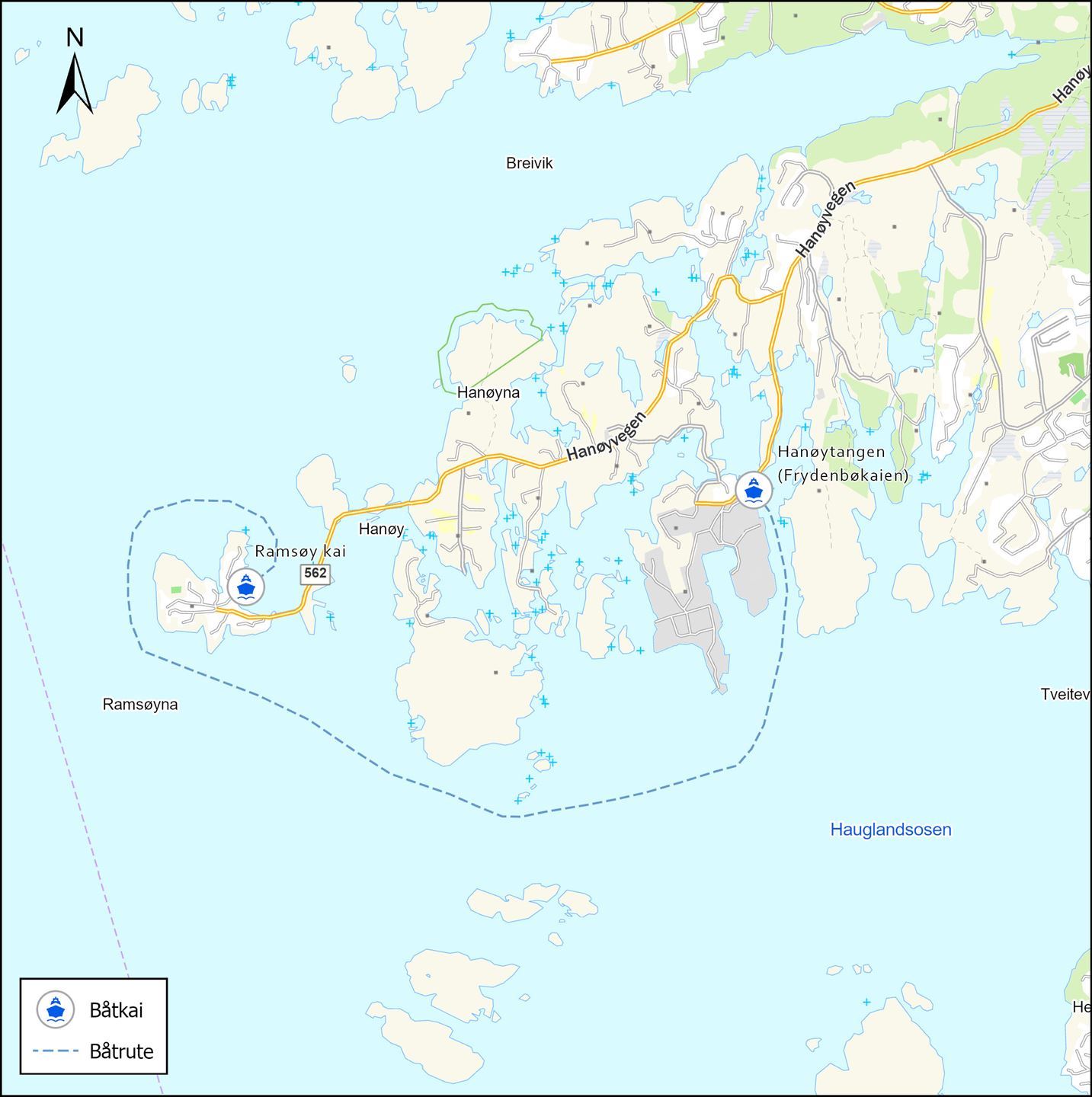 Det vil vere tilbod om båt til og frå Hanøytangen kai og Ramsøy kai  
Kart: Fylkesatlas/Vestland fylkeskommune