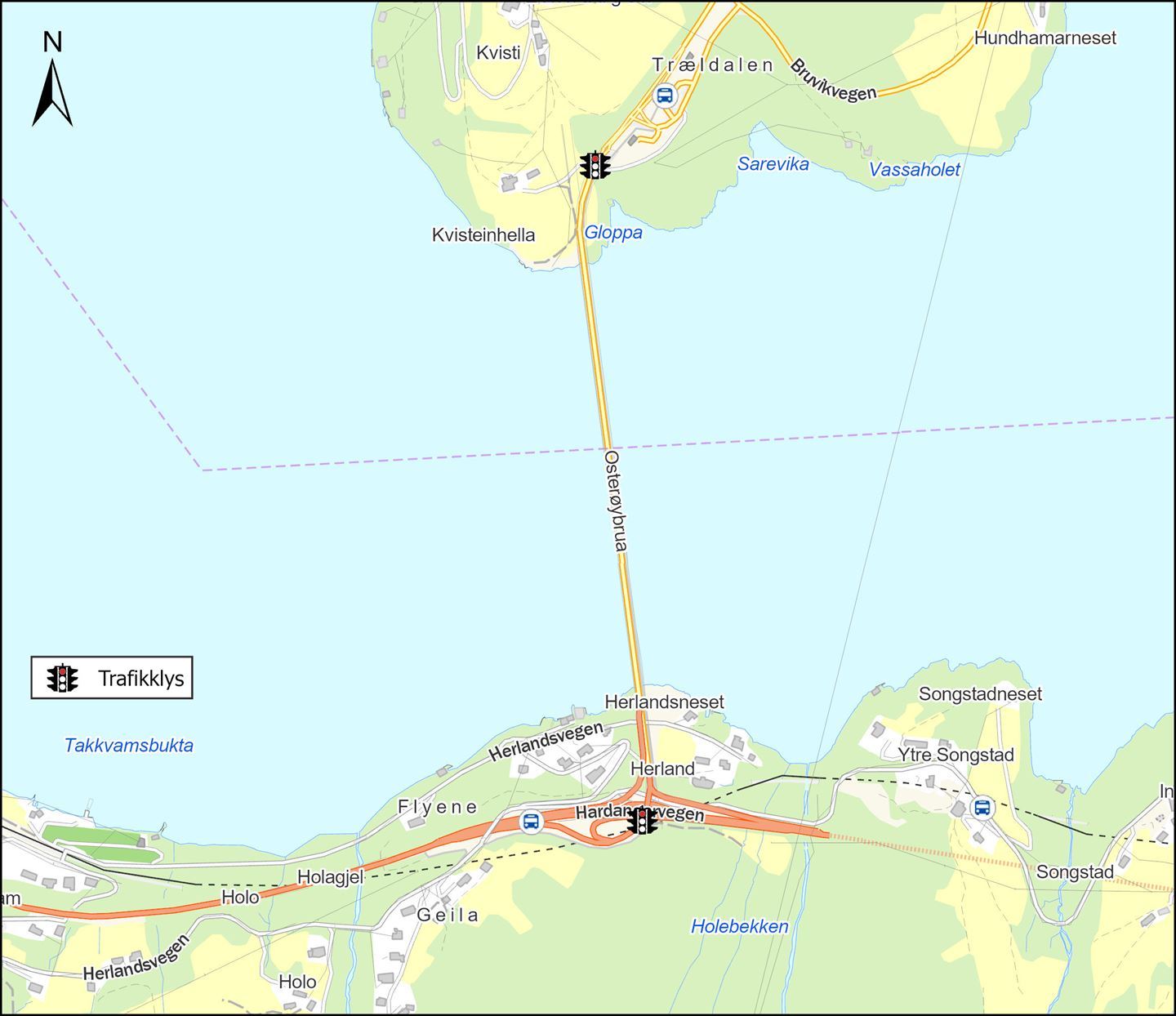Trafikken blir regulert med trafikklys heile døgnet. Foto: Vestland fylkeskommune