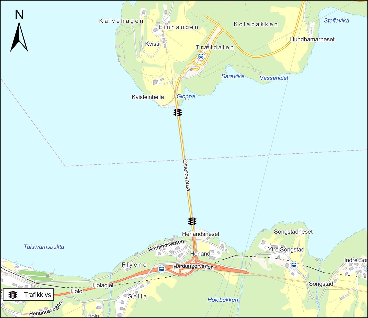 Trafikken over brua blir lysregulert på dagtid. Kart: Vestland fylkeskommune