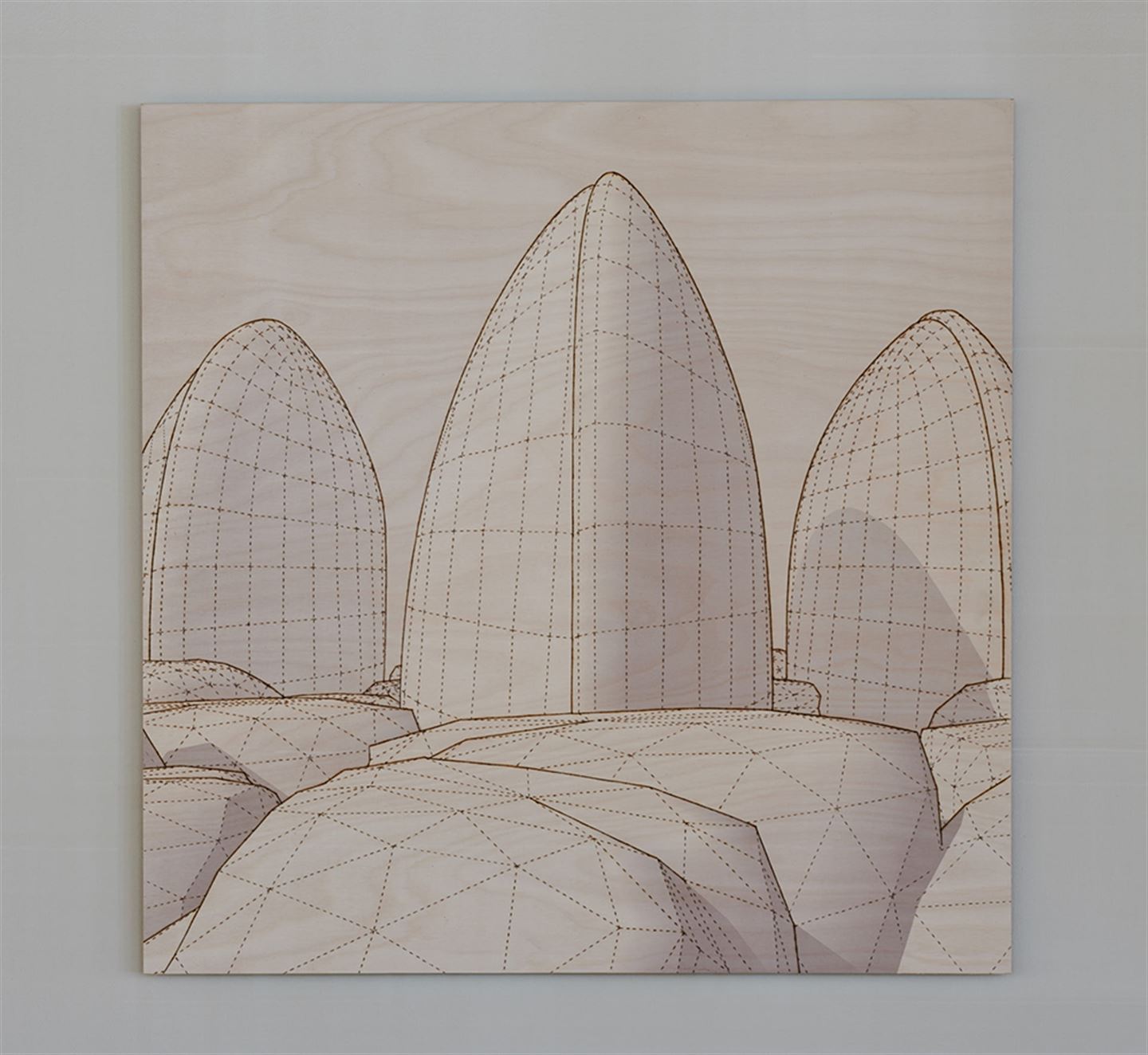 Kunstverket Rekonstruksjoner med digitaltrykk og svipenntekningar. Det er ein serie bilde på Åsane vidaregåande skule.