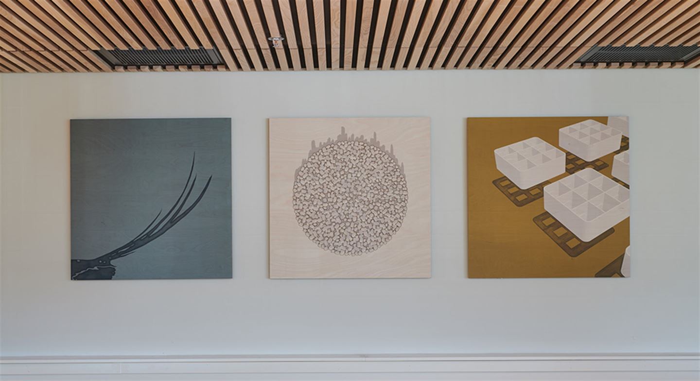 Kunstverket Rekonstruksjoner med digitaltrykk og svipenntekningar. Det er ein serie bilde på Åsane vidaregåande skule.