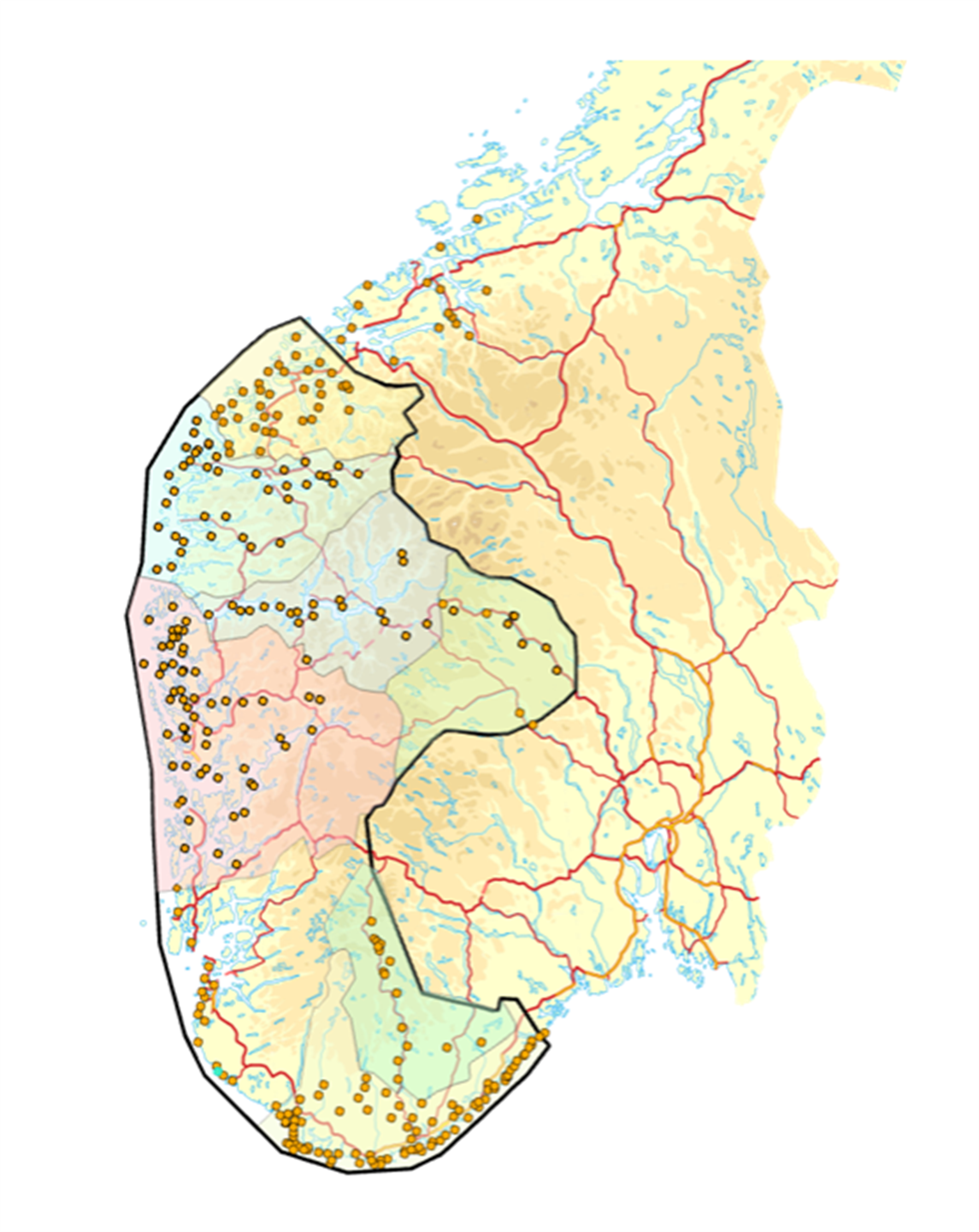 Kart over Gulatingsområdet (sør-vestnorge) slik Knut Helle avgrensar det ved innføring av Landslova i 1274. kartet har prikker for alle stader det var veter og vardar.