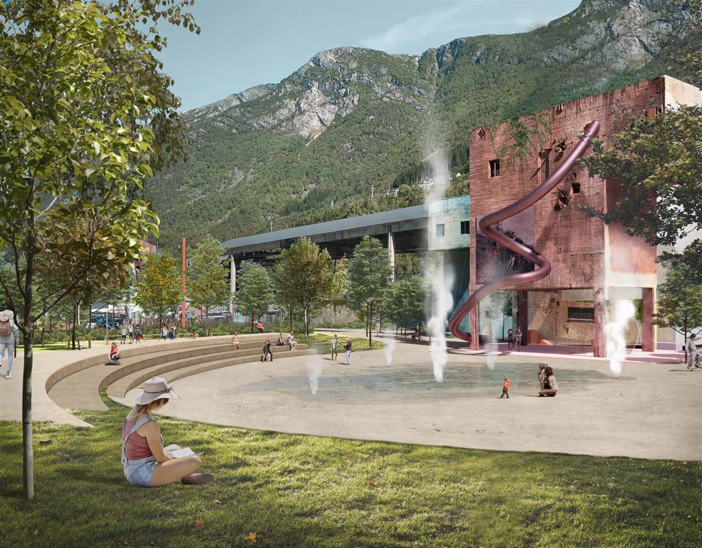 Illustrasjon frå mulegheitsstudiet av aktivitetspark i Odda.