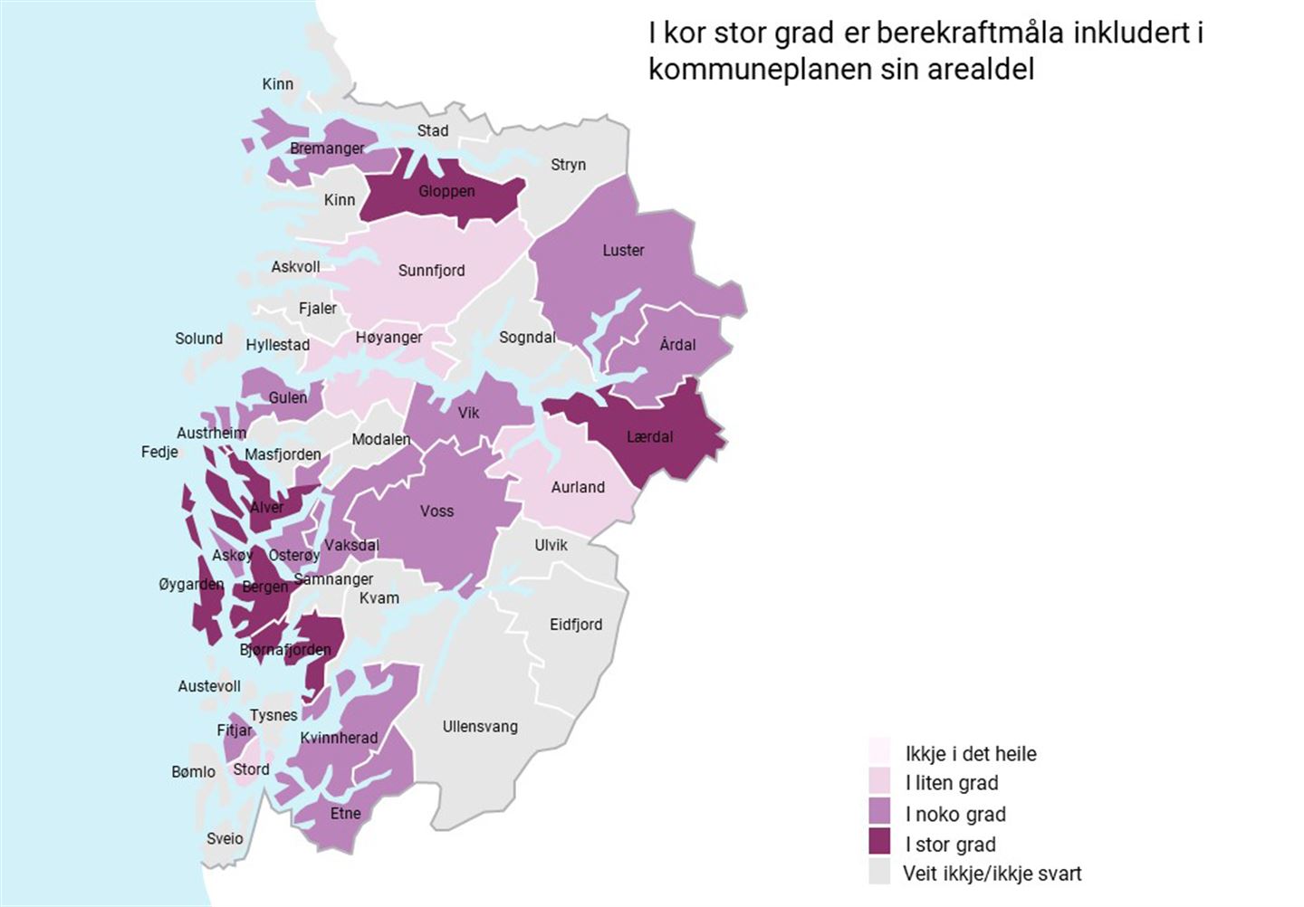 Kart av Vestland med kommunane fargelagt i lilla farge i ulike nyanser basert i kor stor grad berekraftsmåla er inkludert i kommuneplanens arealdel.