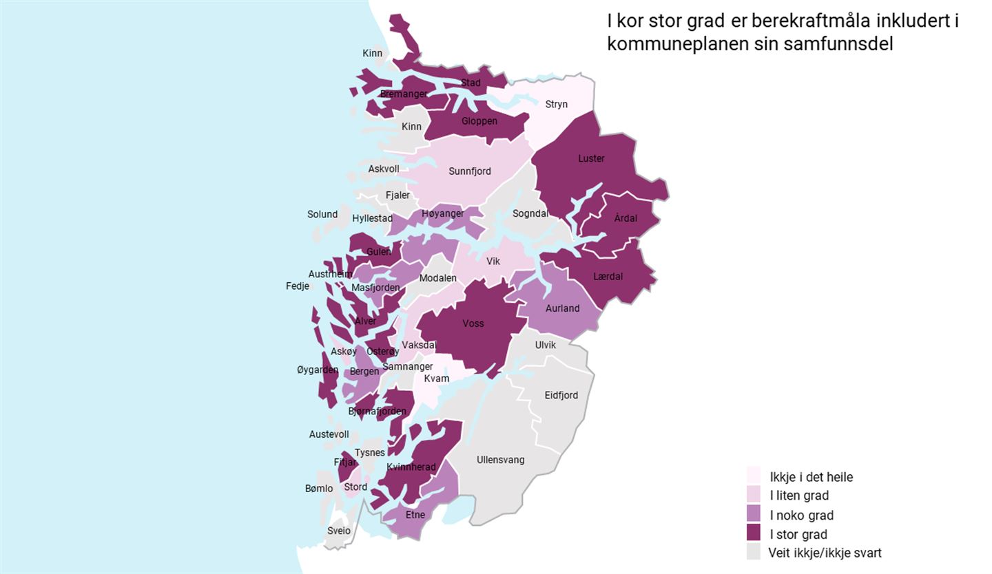 Kart av Vestland med kommunane fargelagt i lilla farge i ulike nyanser basert på i kor stor grad berekraftsmåla er inkludert i kommuneplanens samfunnsdel.