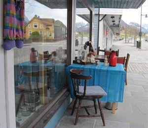 Bord og stoler som står på utstilling utenfor eit vindauge til ein bruktbutikk . 