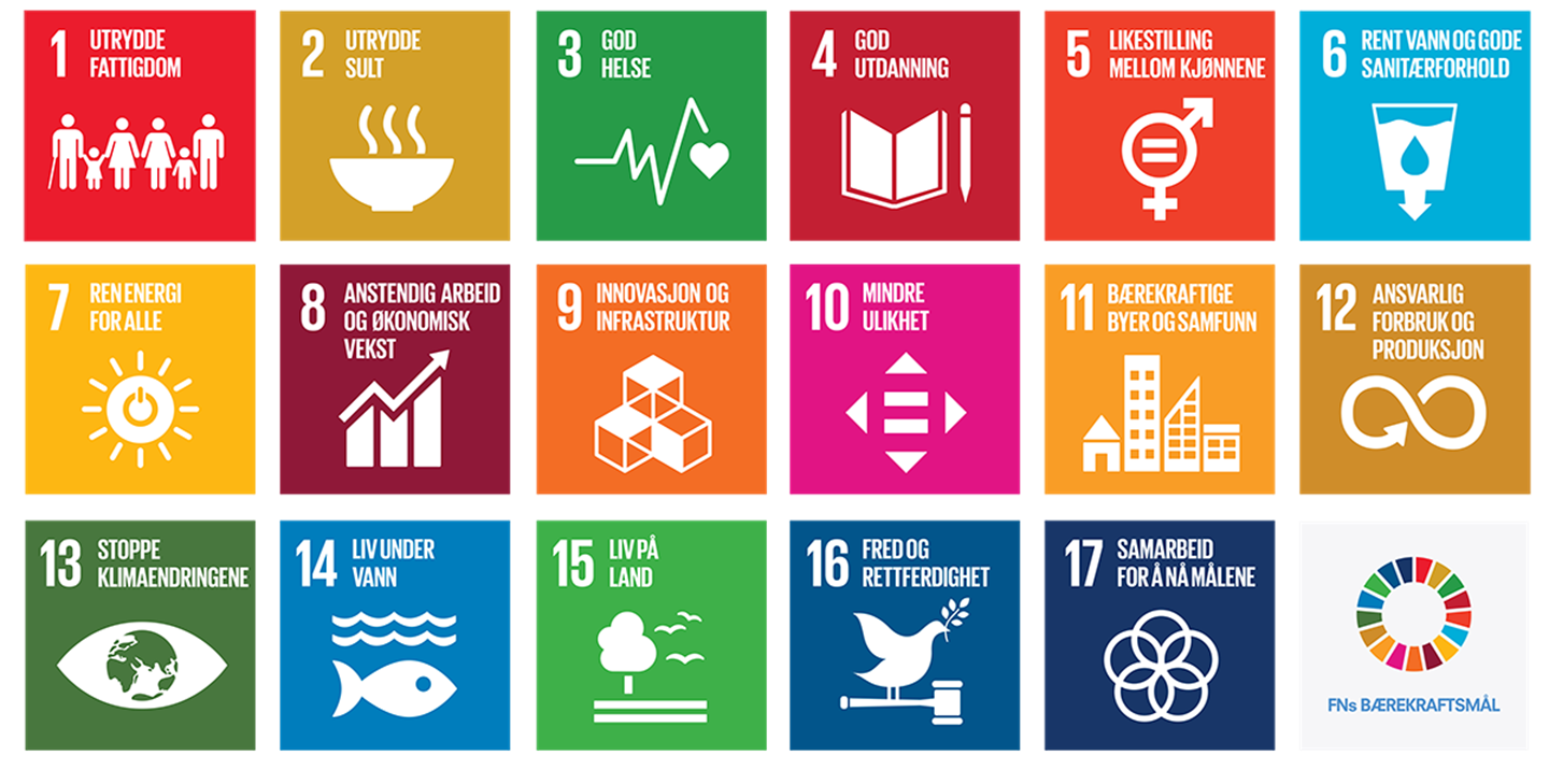 Illustrasjon som viser FNs 17 bærekraftsmål.