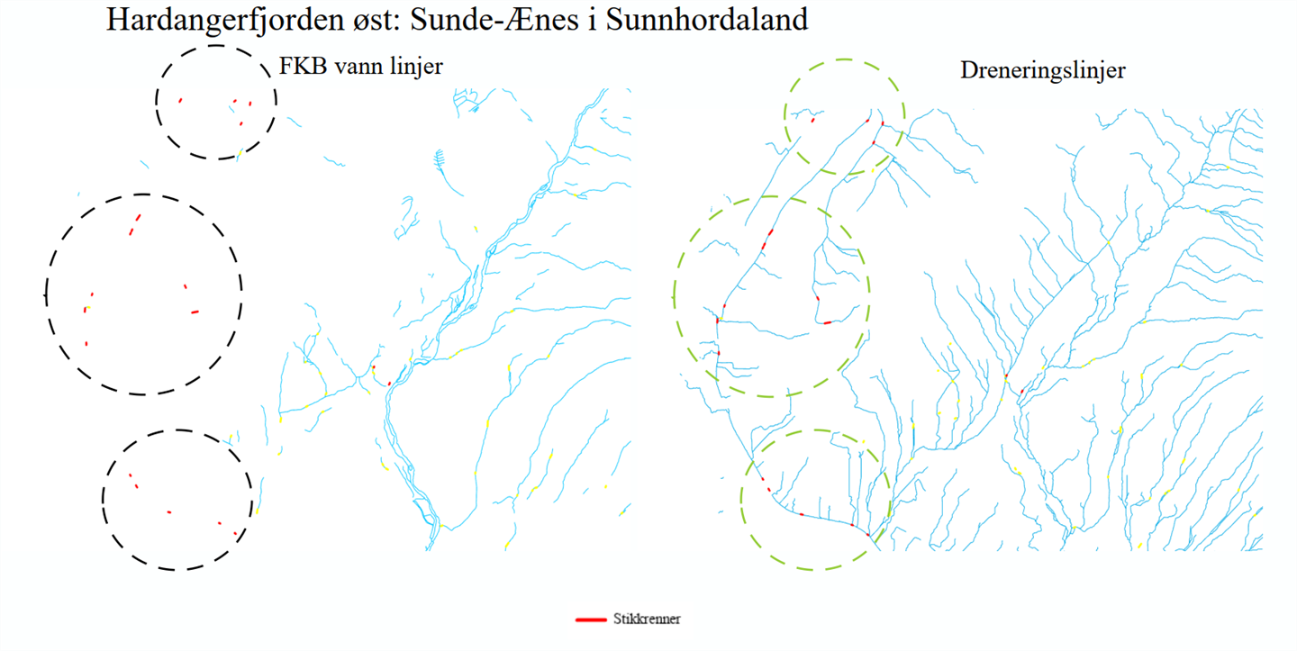 To kart med dreneringslinjer frå Hardangerfjorden øst, Sunde-Ænes i Sunnhordaland.