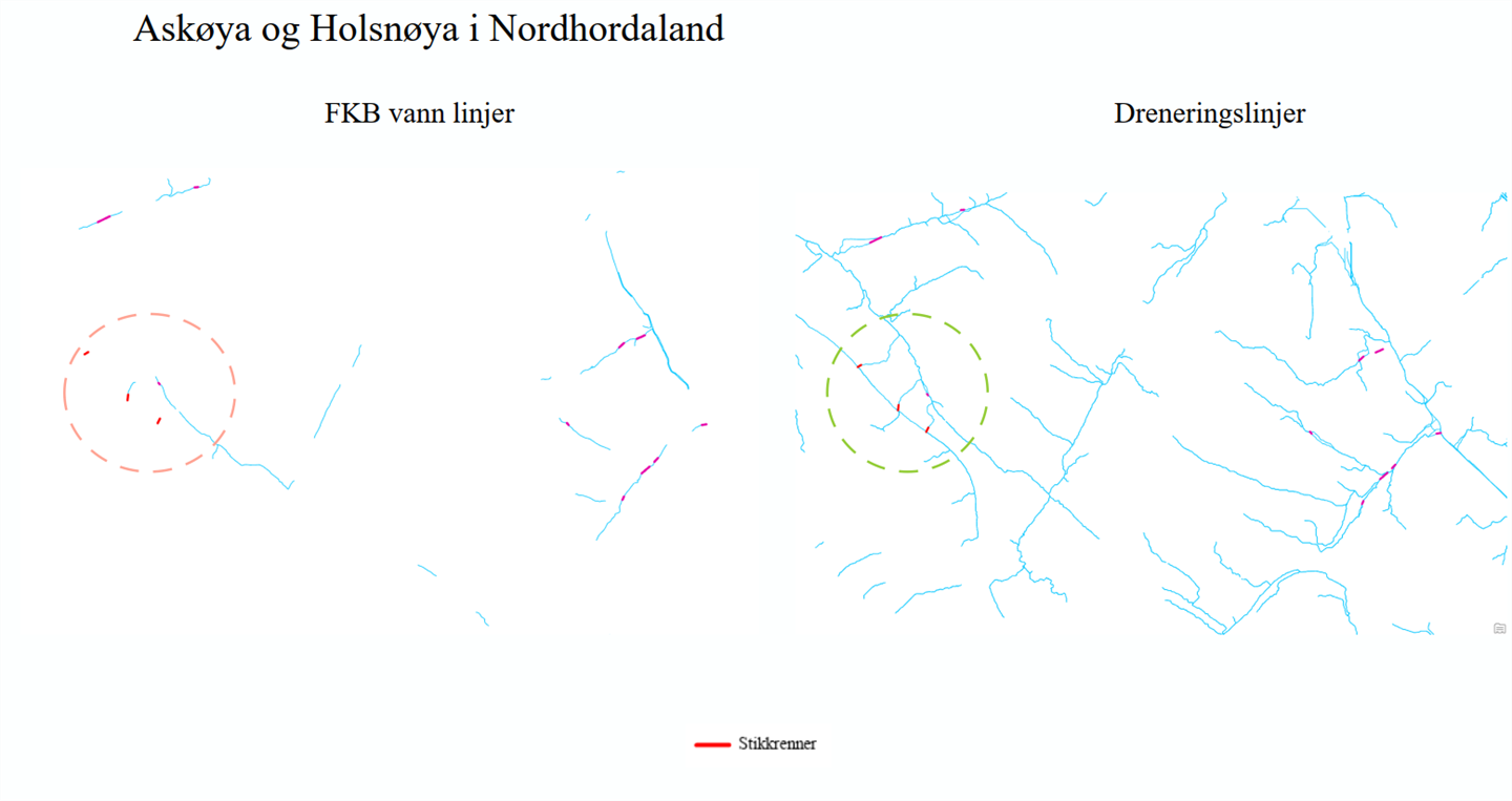 Viser to kart med dreneringslinjer frå Askøya og Holsnøya i Nordhordaland.