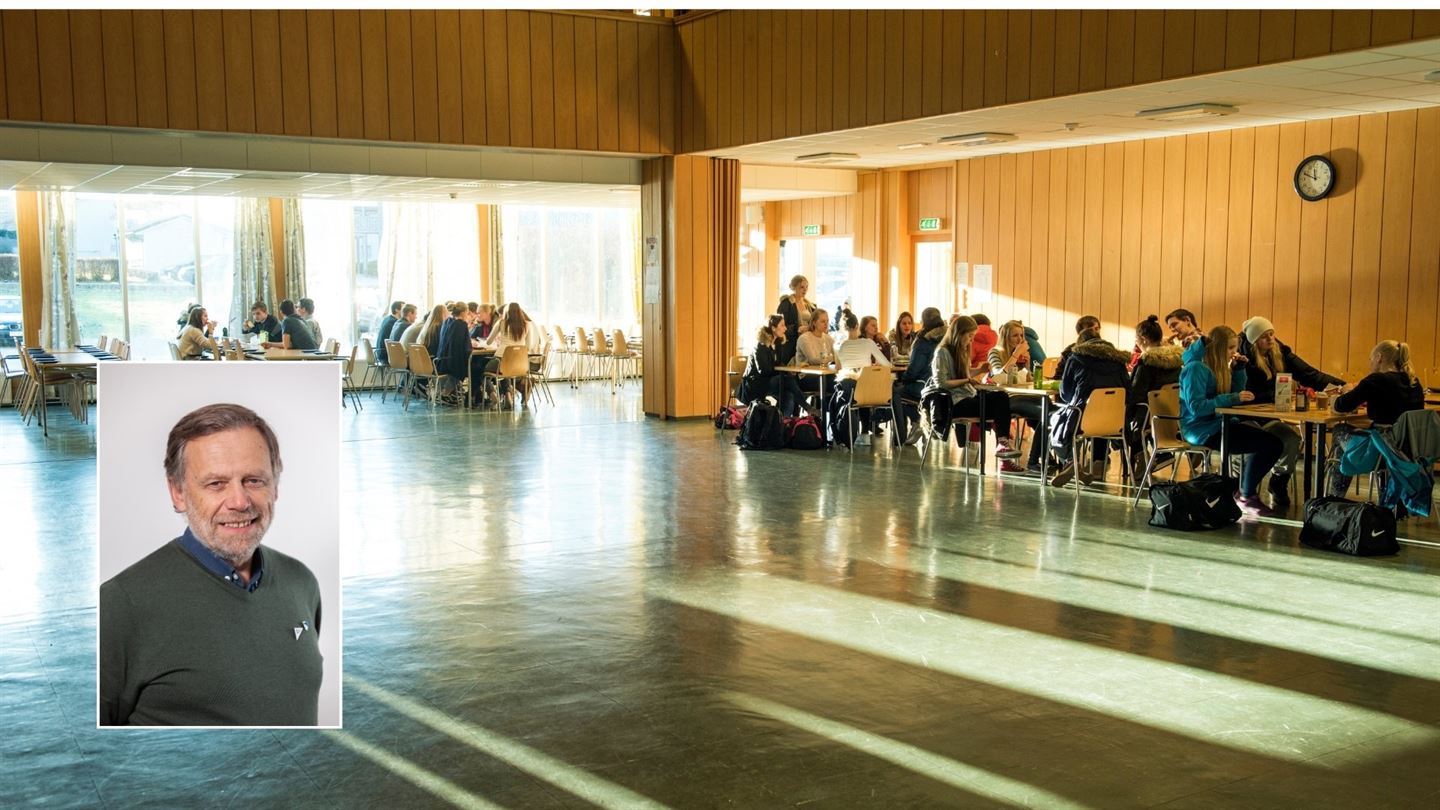 Bilete er eit illustrasjonsfoto frå Odda vgs, med eit bilete av leiar i hovudutval for opplæring og kompetanse Åsmund Berthelsen.